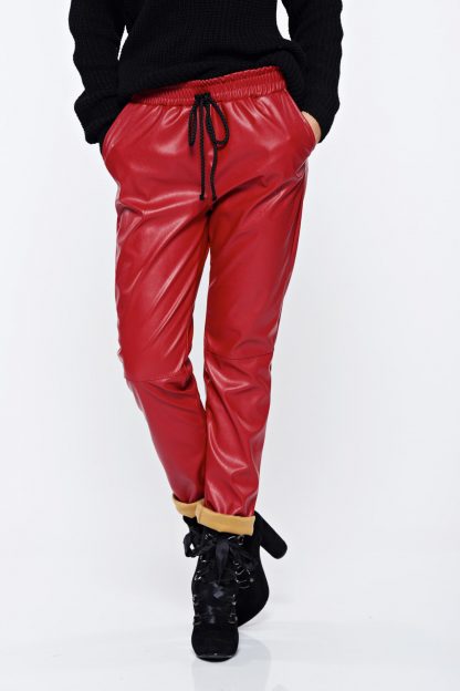 Pantaloni rosii casual din piele ecologica cu elastic in talie