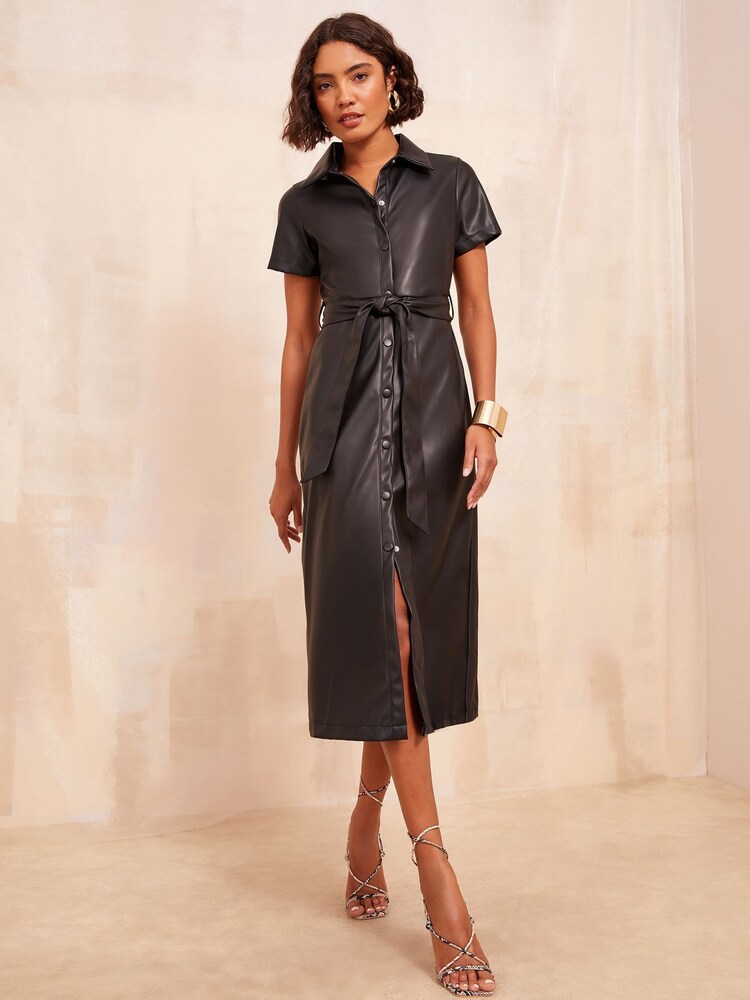 Rochie Friends Like These Faux Midi tip cămașă piele